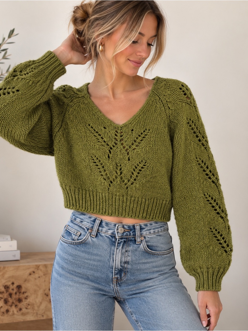 Urban Outfitters Olive Green Pointelle Cropped Sweater S